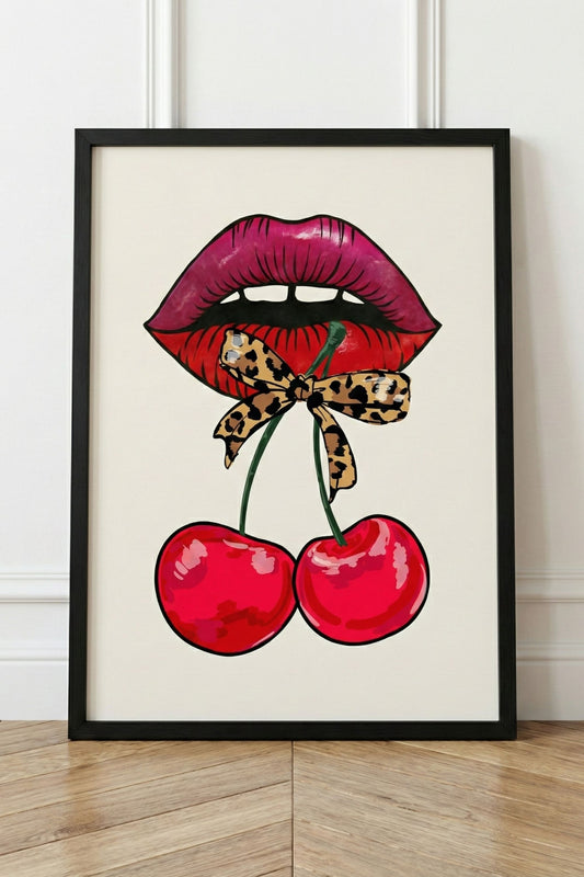 Affiche Pop Art "Bouche Cerise & Léopard" | Déco Murale Colorée