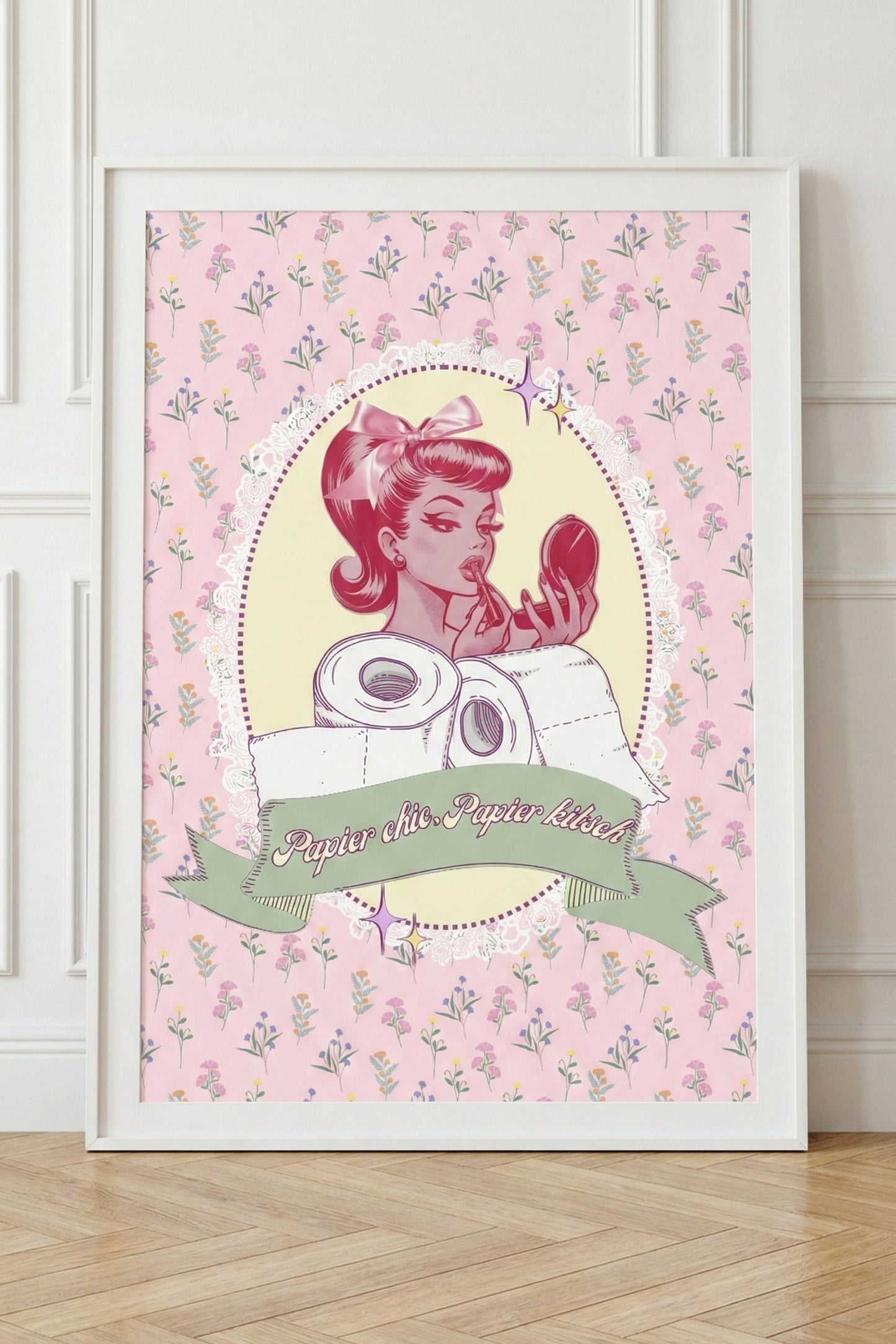 Affiche vintage élégante pin-up rose papier chic papier kitsch décoration murale toilettes Muratika