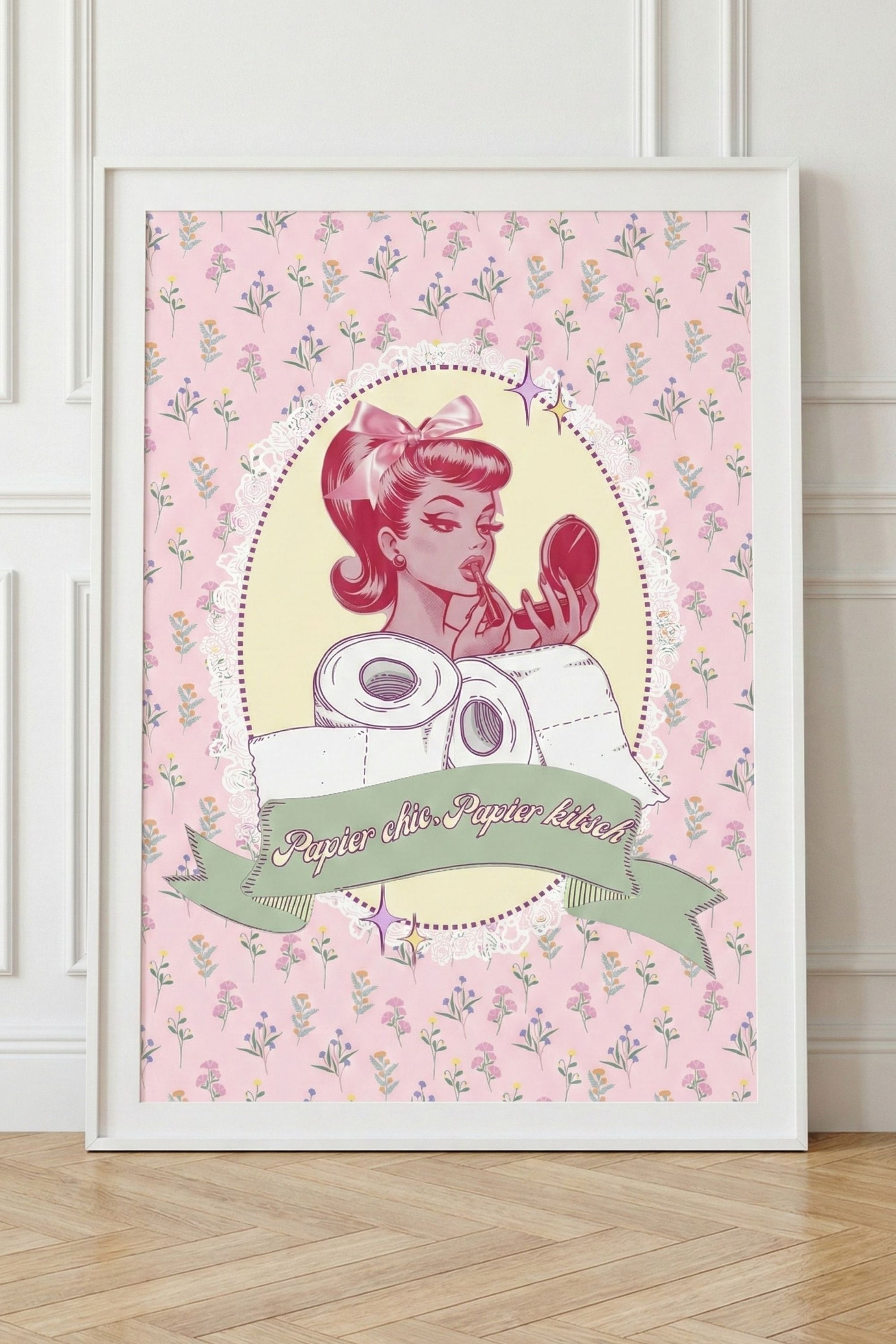 Affiche vintage élégante pin-up rose papier chic papier kitsch décoration murale toilettes Muratika