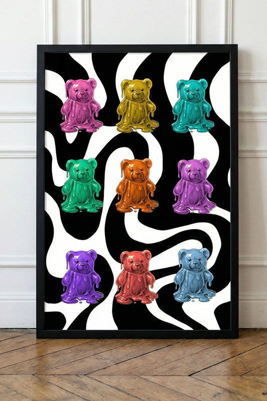 Affiche décoration murale design optique noir et blanc avec oursons gélatine colorés style pop art moderne Muratika