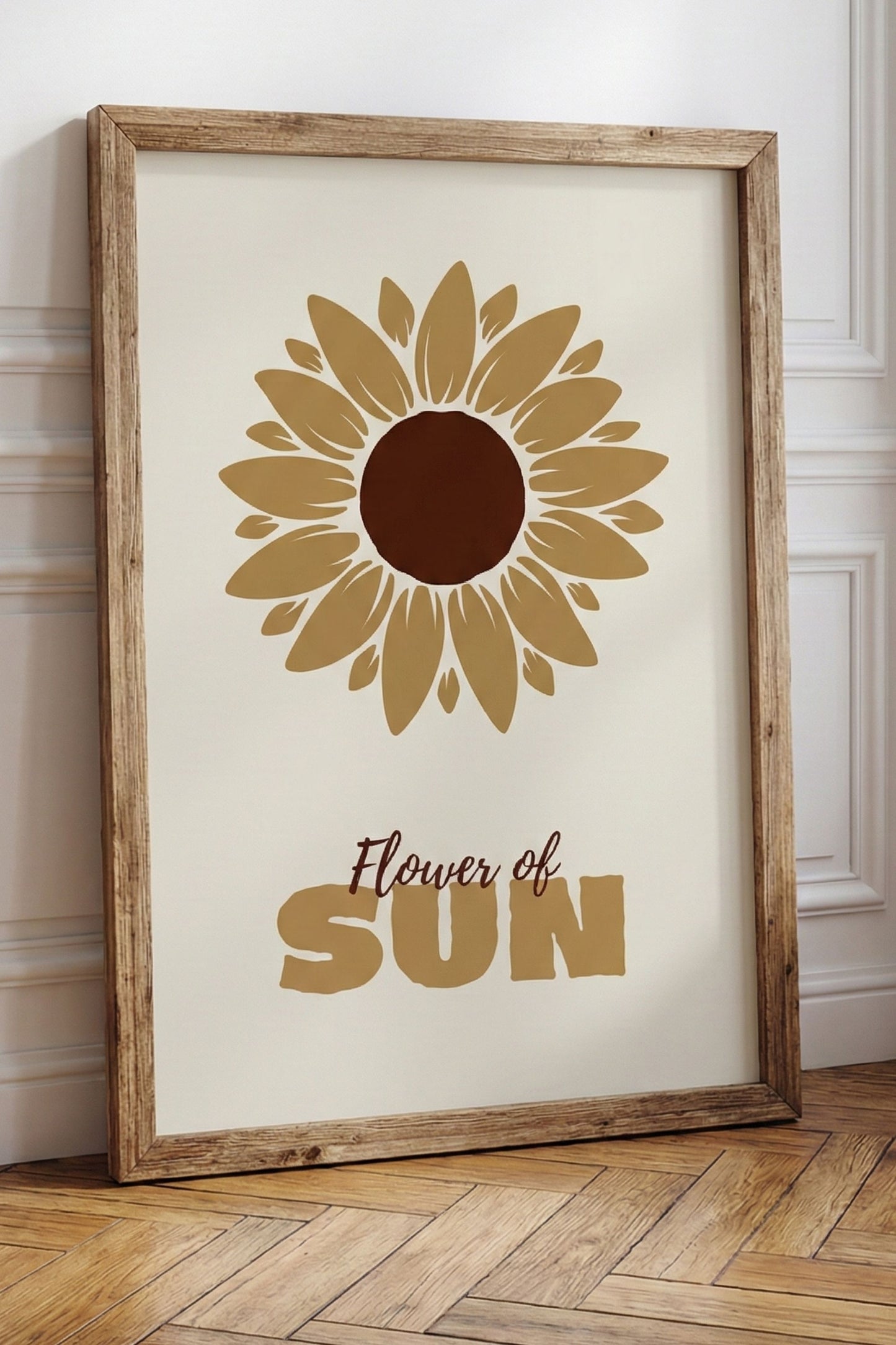 Illustration graphique minimaliste d'un tournesol ocre sur fond crème dans un cadre en bois, affiche de décoration murale chic et contemporaine par Muratika