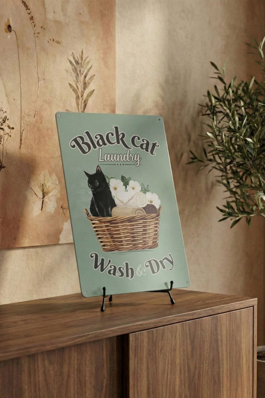 Plaque Métal "Black Cat Laundry" | Décoration Buanderie Humour & Chat Noir