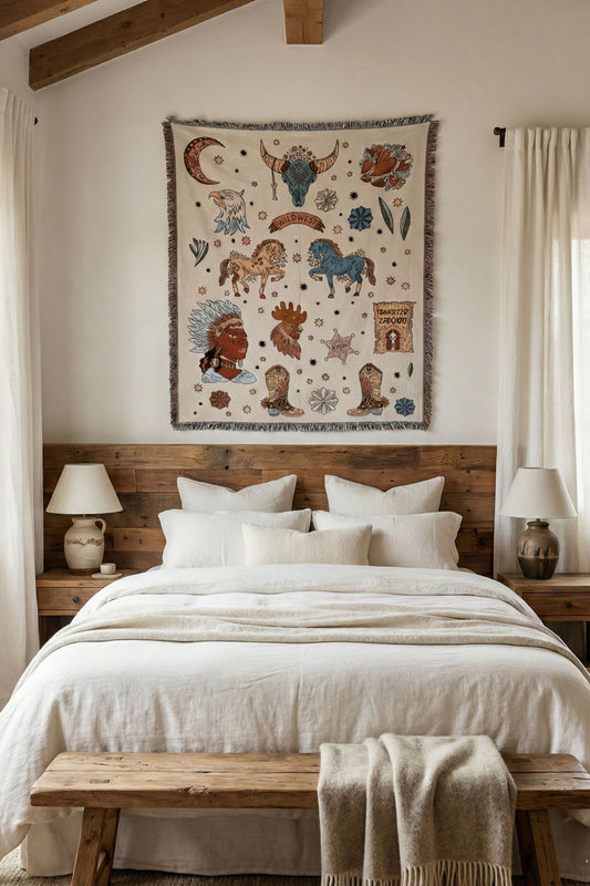 Tenture murale style western motif indien et chevaux tissage jacquard décoration murale beige sauvage