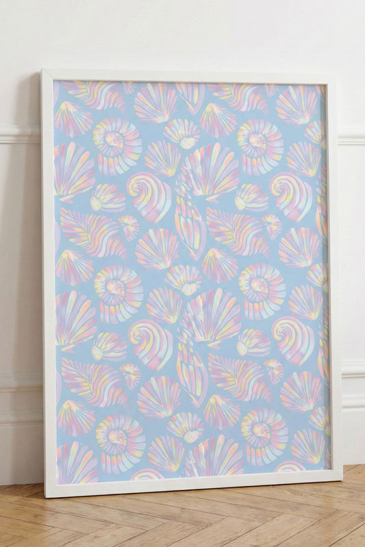 Affiche décoration marine motif répétitif coquillages blancs sur fond bleu azur Muratika