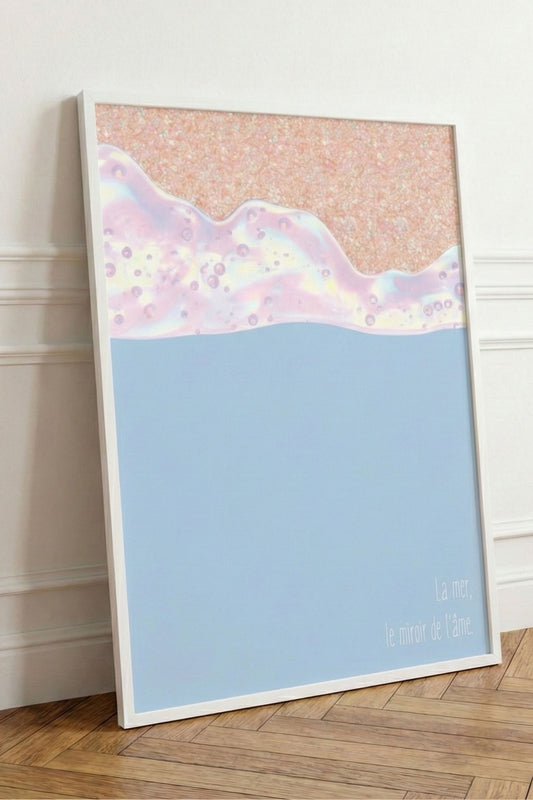 Affiche poétique écume de mer aux reflets irisés opale avec citation inspirante décoration chambre océan Muratika