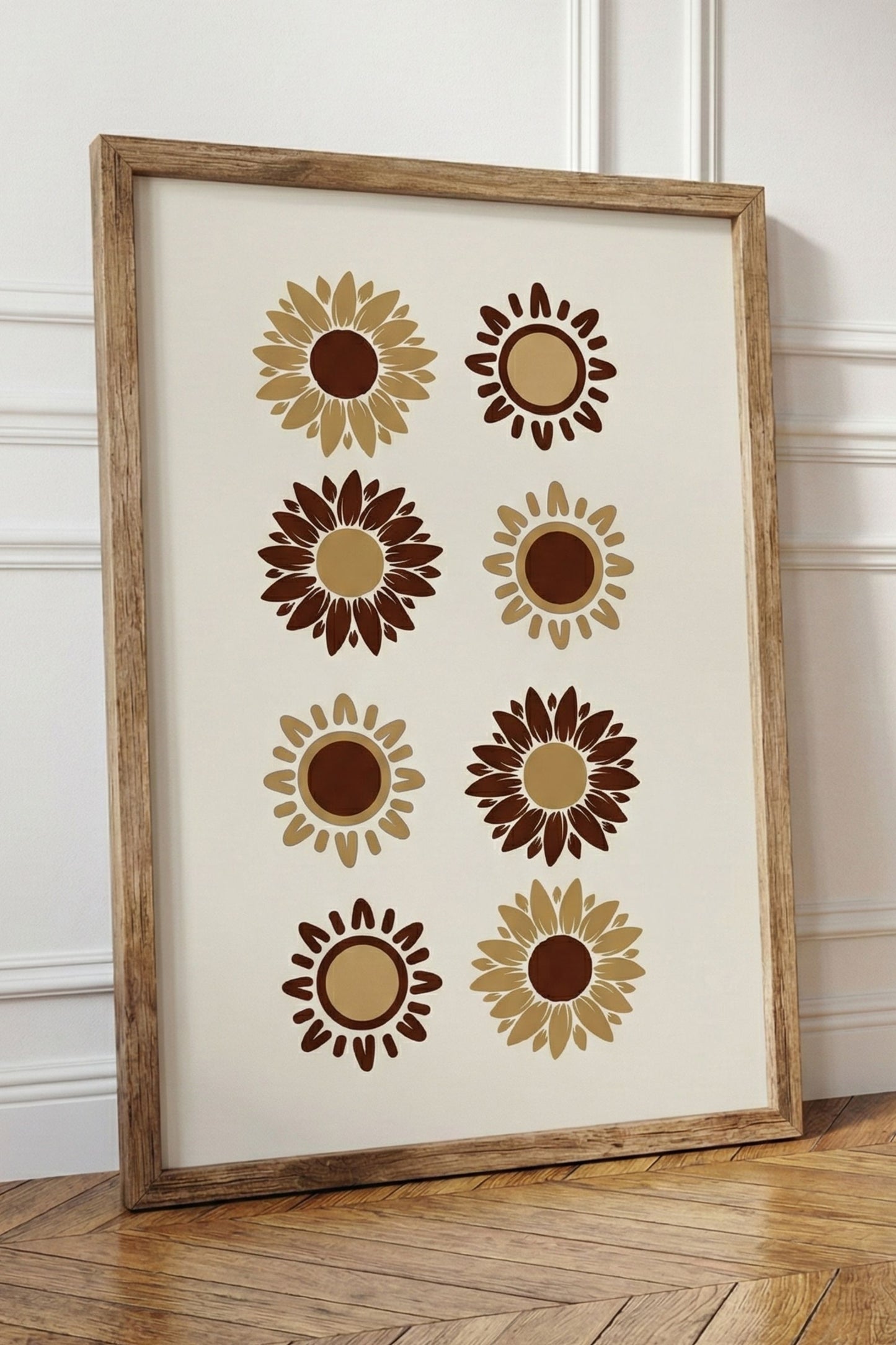 Planche graphique moderne présentant huit illustrations stylisées alternant tournesols et soleils en ocre et brun dans un cadre en bois, affiche de décoration murale par Muratika.